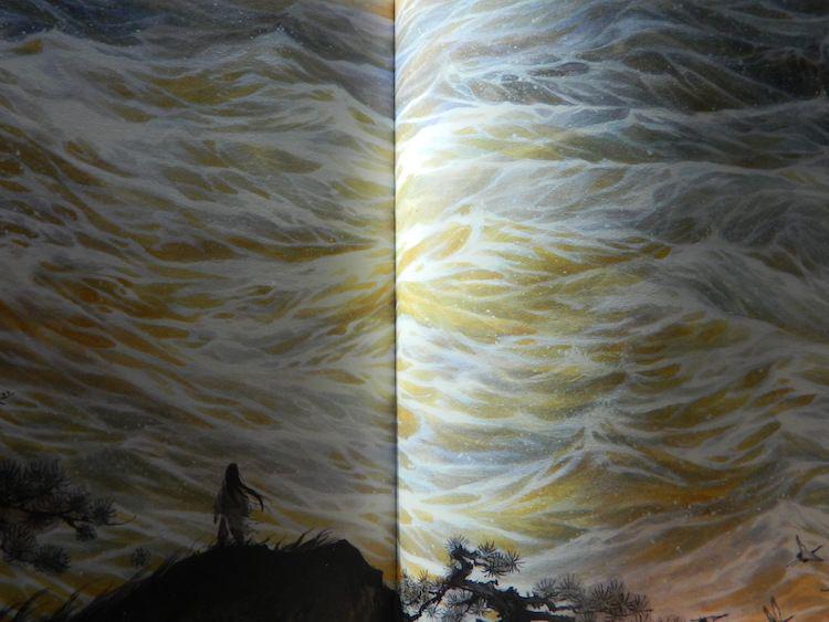 A mysterious figure stands before a wall of waves