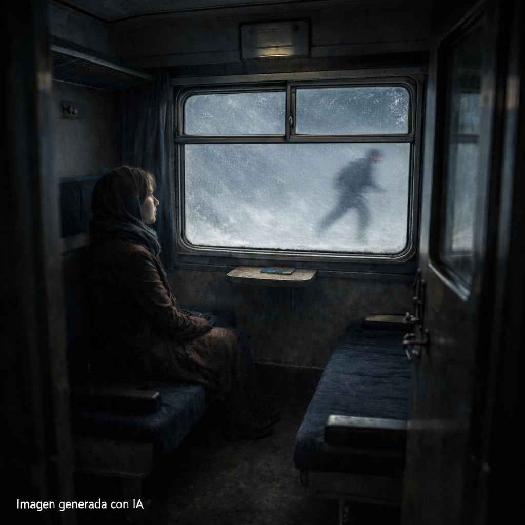 Compartimento nocturno. Ventana con ventisca y una sombra desplazándose en el sentido de la marcha.