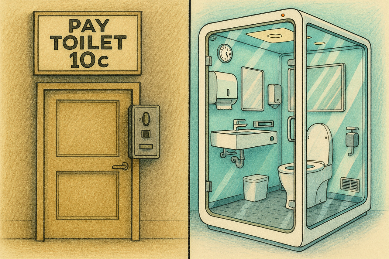 Illustration of a pay toilet with a coin-operated door and a sign reading "PAY TOILET 10c" next to a detailed interior view.