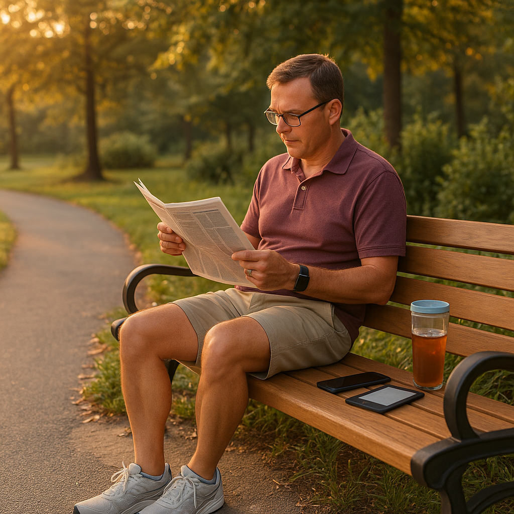 A man in a maroon polo and khaki shorts sits on a wooden park bench at sunset, reading a newspaper. A tumbler of iced tea, a smartphone, and two e-readers rest on the bench; a curving paved path and green trees glow in warm light