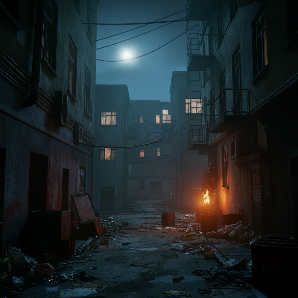 The dangerous, lawless 'Heart of Darkness' slum within the fictitious US Midwestern city of Progress, in an image generated by AI. The dangerous, lawless "Heart of Darkness" slum within the fictitious US Midwestern city of Progress, in an image generated by AI.