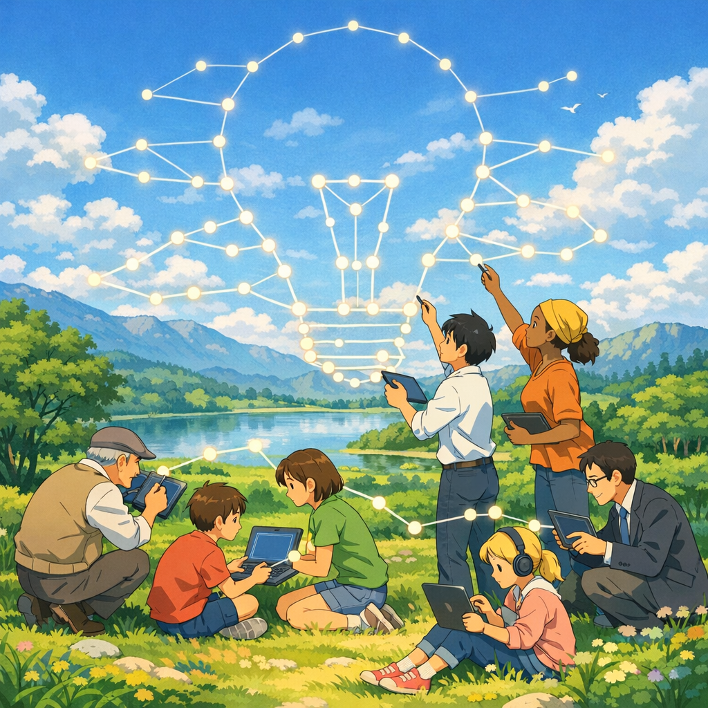A colorful illustration of seven diverse people outdoors in a lush green meadow near a calm lake with mountains and trees in the background under a bright blue sky with scattered white clouds. The group includes an elderly man with gray hair wearing a flat cap, beige vest, and white shirt, crouching and holding a tablet; a young boy in an orange shirt and blue shorts sitting cross-legged with a laptop; a girl in a green shirt and blue shorts kneeling beside him, also using a laptop; a standing young man in a white shirt and blue pants pointing upward while holding a tablet; a standing woman with dark skin, wearing an orange shirt, blue jeans, and a yellow headscarf, pointing upward with a tablet in her other hand; a young girl with blonde hair wearing headphones, a pink jacket, blue pants, and red sneakers sitting on the grass with a tablet; and a man in a suit and glasses crouching with a tablet. Above them, glowing interconnected dots form the shape of a large light bulb in the sky, 