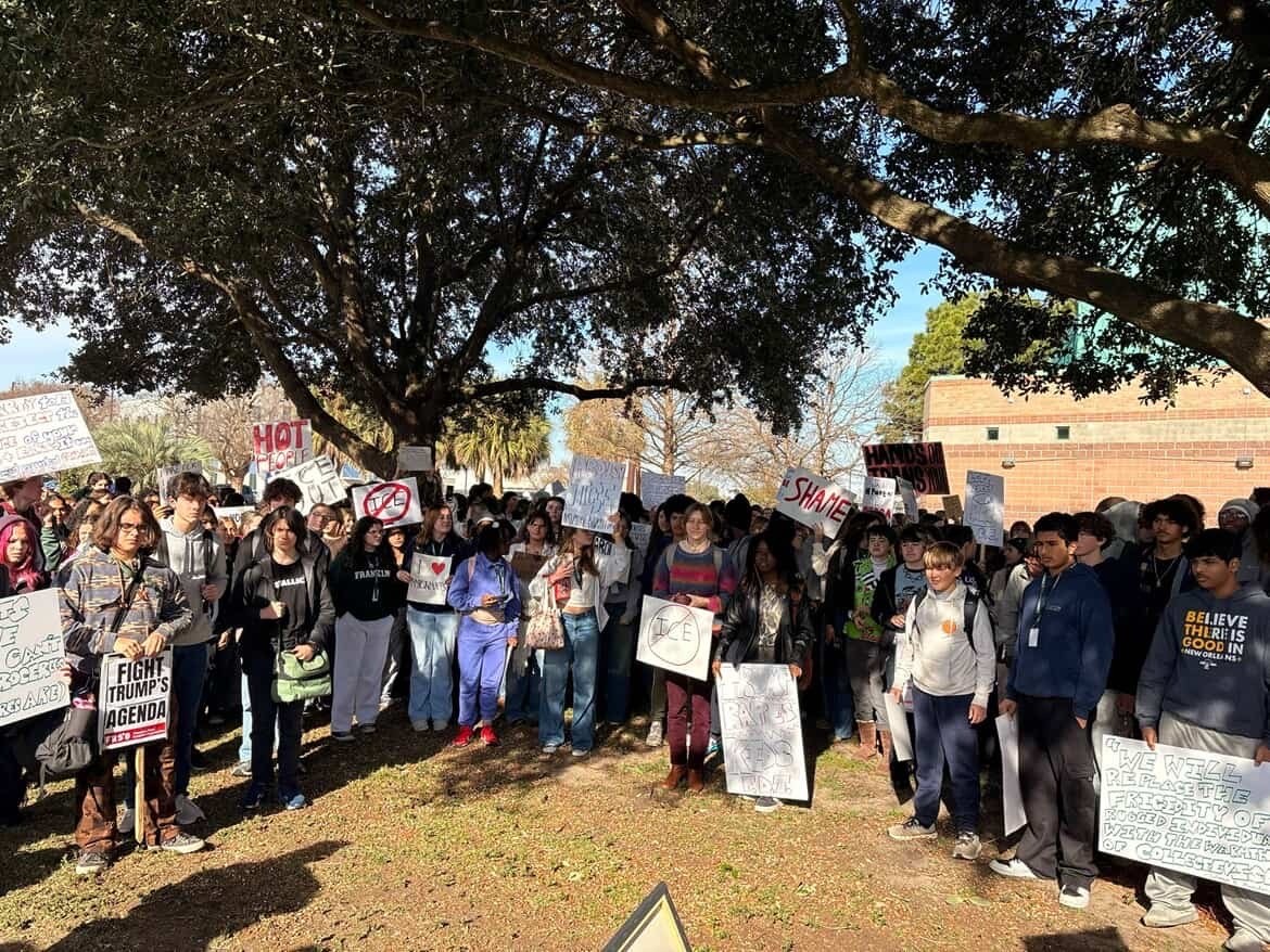 High school students gather for a rally after walking out at Ben Franklin High School in New Orleans. | Fight Back! News High school students gather for a rally after walking out at Ben Franklin High School in New Orleans.