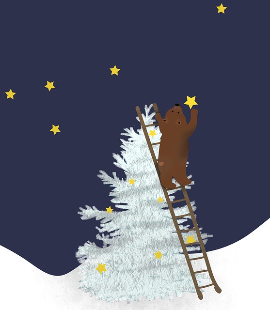 An illustrated bear is atop a ladder propped against a completely white christmas tree. The bear is brown. The sky is navy. The bear seems to be either placing a star in the sky or taking a star from the sky to decorate the tree. Image by Bianca Van Dijk from Pixabay