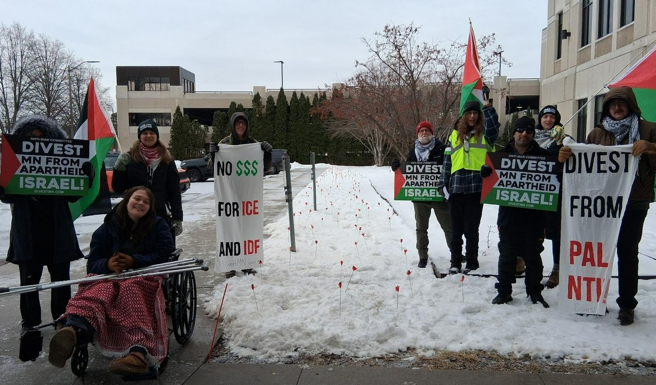 Minnesotans go to the SBI’s doorstep to demand divestment from Palantir and Israel
