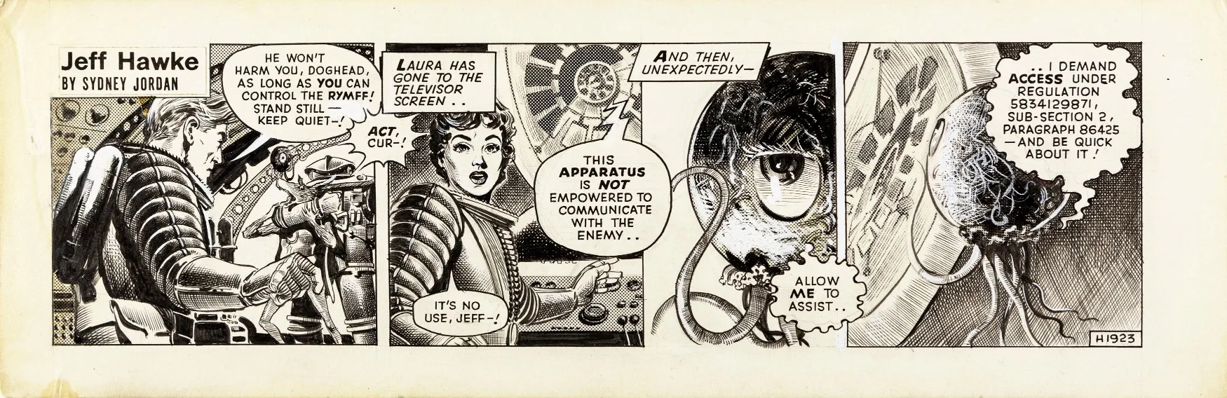 Jeff Hawke as drawn by Sydney Jordan. Jeff and his sidekick Laura, both in bulky spacesuits, try to keep the peace between a dog-headed humanoid, a humanoid in a bulky metal suit, and a floating eyeball with tentacles.