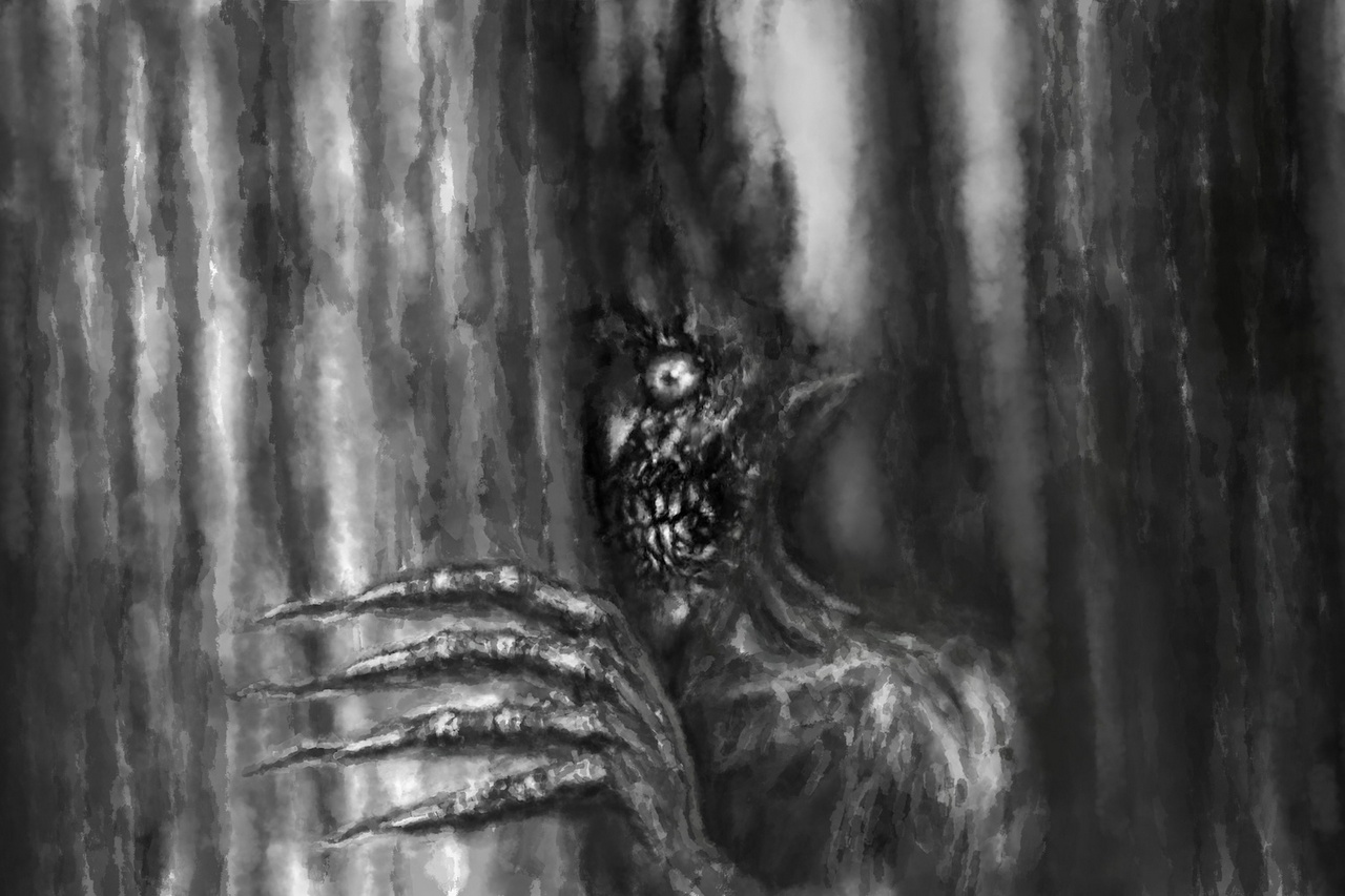 Monster peeking from behind a tree