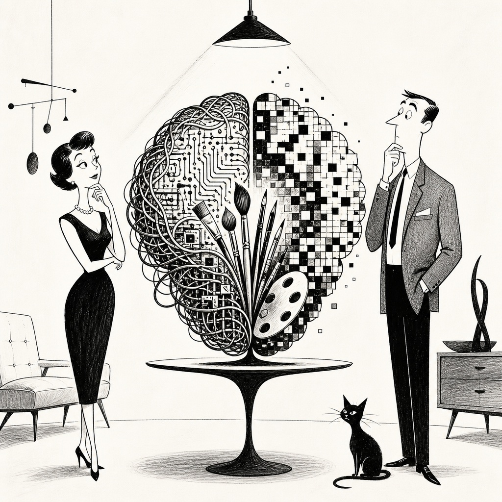A black and white illustration depicts a man and a woman standing on either side of a round table with a large brain sculpture on it. The brain is split into two halves: the left half is composed of intricate circuits, wires, and electronic components, symbolizing logic and technology; the right half is made up of pixelated squares and contains various paintbrushes and an artist's palette, representing creativity and art. The woman on the left wears a fitted black dress, pearl necklace, and high heels, with her hand thoughtfully touching her chin. The man on the right is dressed in a suit and tie, also with a hand on his chin, appearing contemplative. A black cat sits near the man's feet. The setting is a mid-century modern room with a minimalist chair, a mobile hanging from the ceiling, a sideboard with a decorative sculpture, and a single overhead light illuminating the brain sculpture.