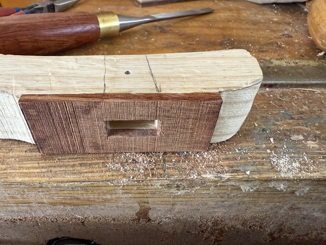 The mortise has been squared up in the granadillo on the bottom of the cane handle