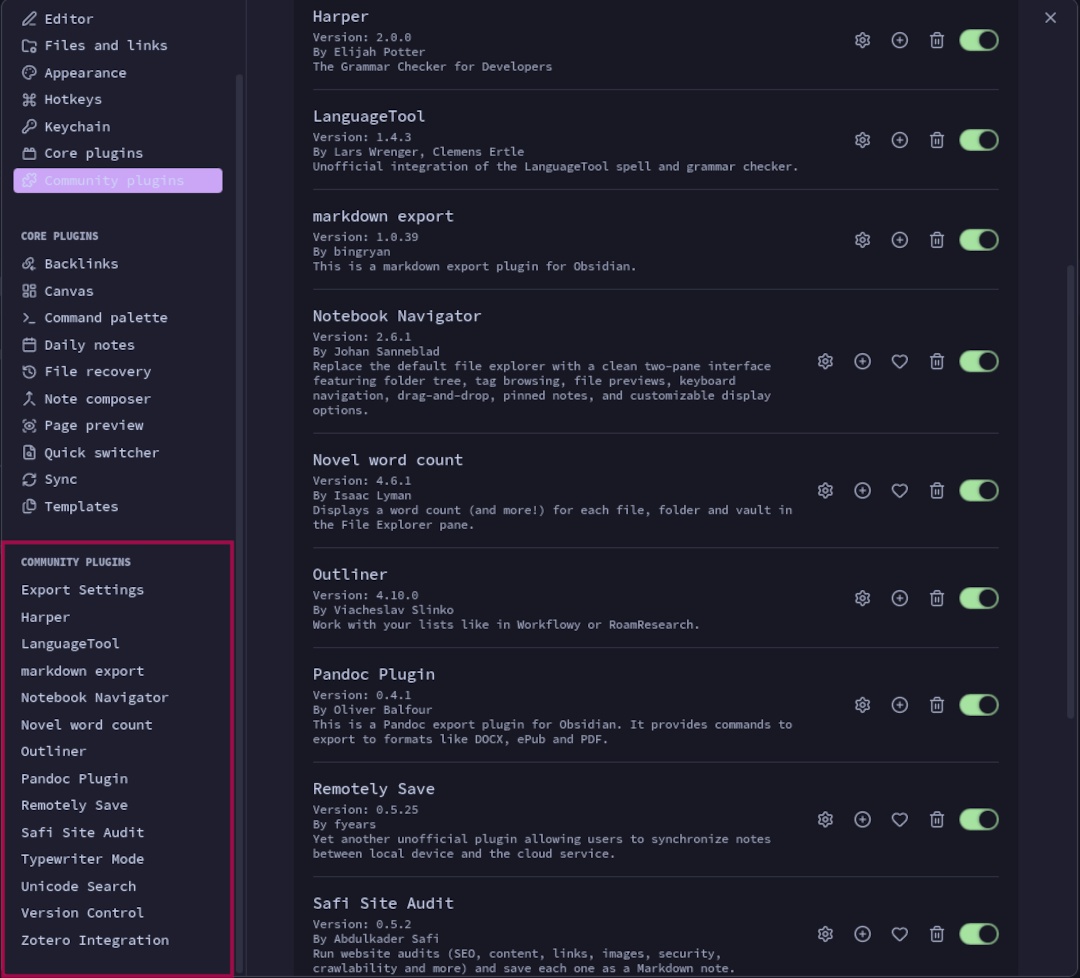 Image: screenshot of installed community plugins