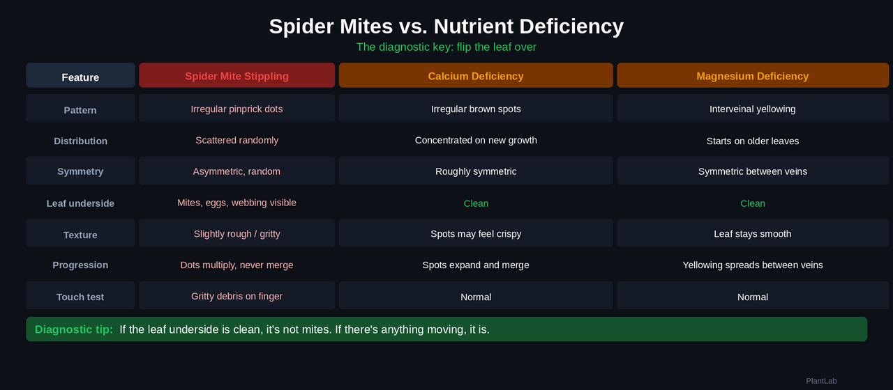 Spider mites vs nutrient deficiency comparison chart