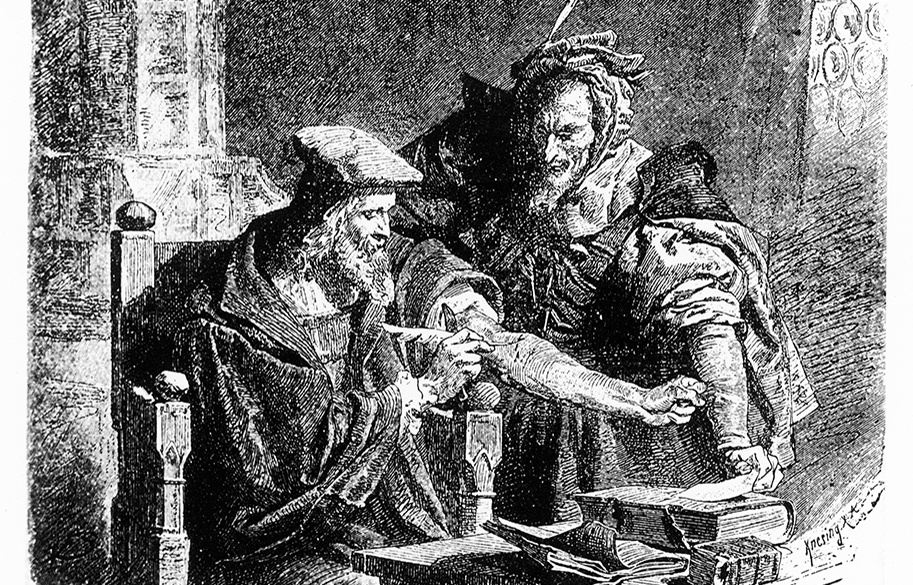 a woodcut-style sketch of a human man using a quill to draw blood directly from his vein, while an infernal figure clutches a sheet of paper