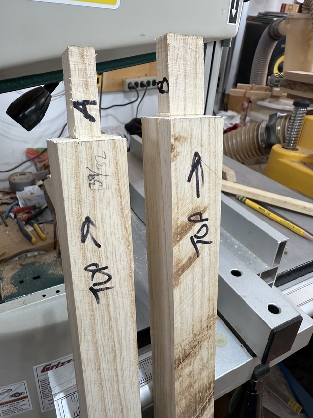 Both tenons on the shafts, with A and B markings on the tenon