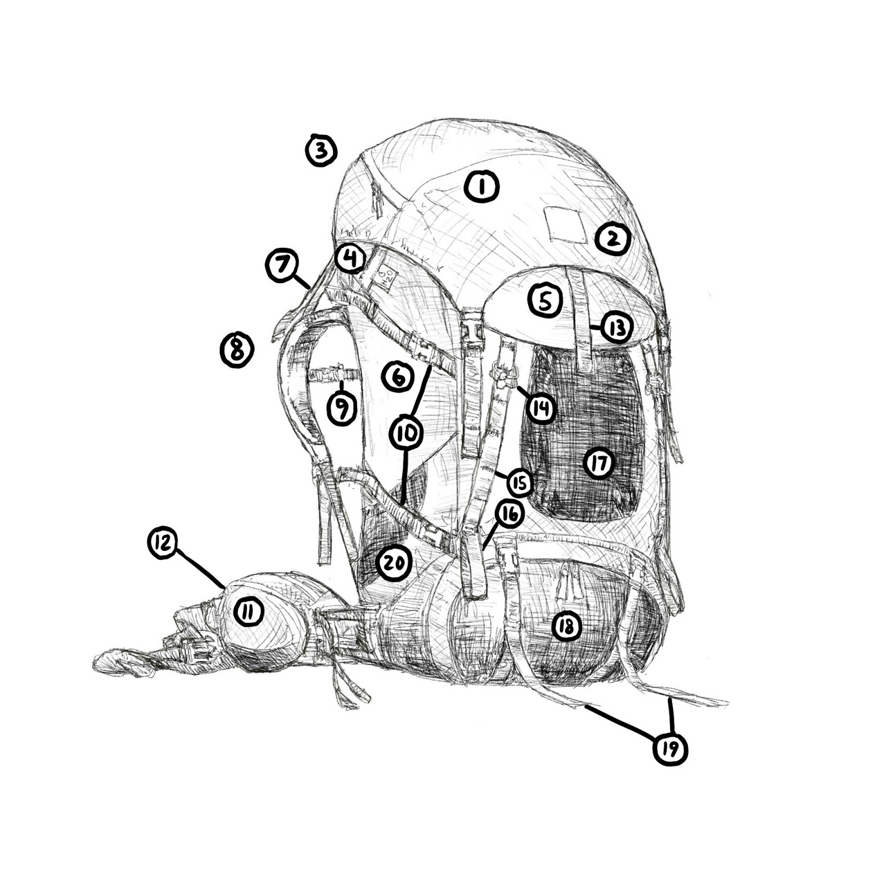 Diagram of backpacking pack parts and features