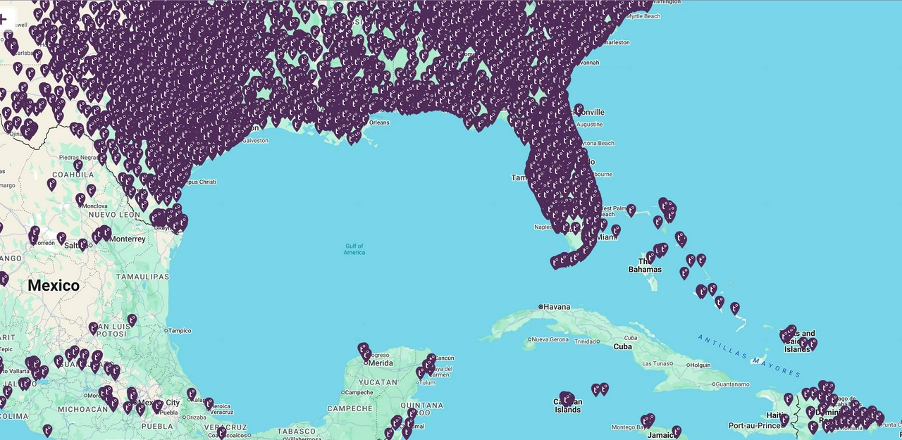 A map of the Gulf Coast, Florida, southeastern United States, Mexico, and parts of the Caribbean showing a very large number of Tempest Weather Station locations.