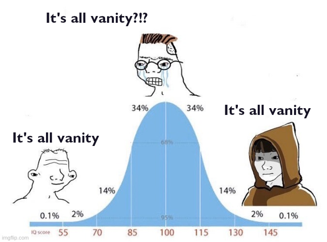 meme image of a bell curve that says its all vanity in three different phases