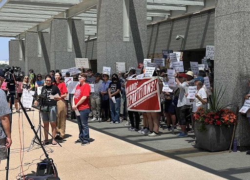 A group of protesters holding signs and banners outside of a building.