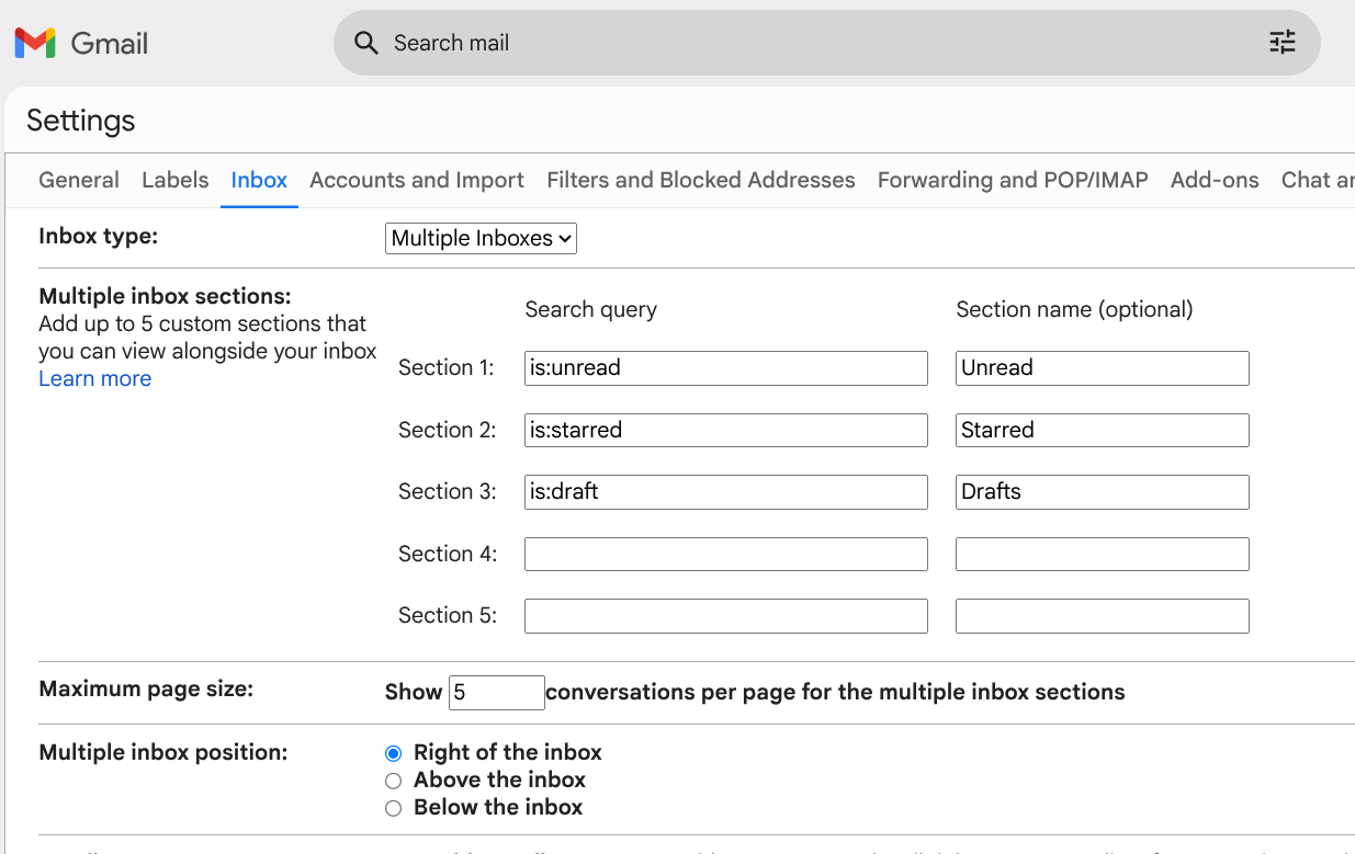 Choose "Custom" Inbox Type and configure options
