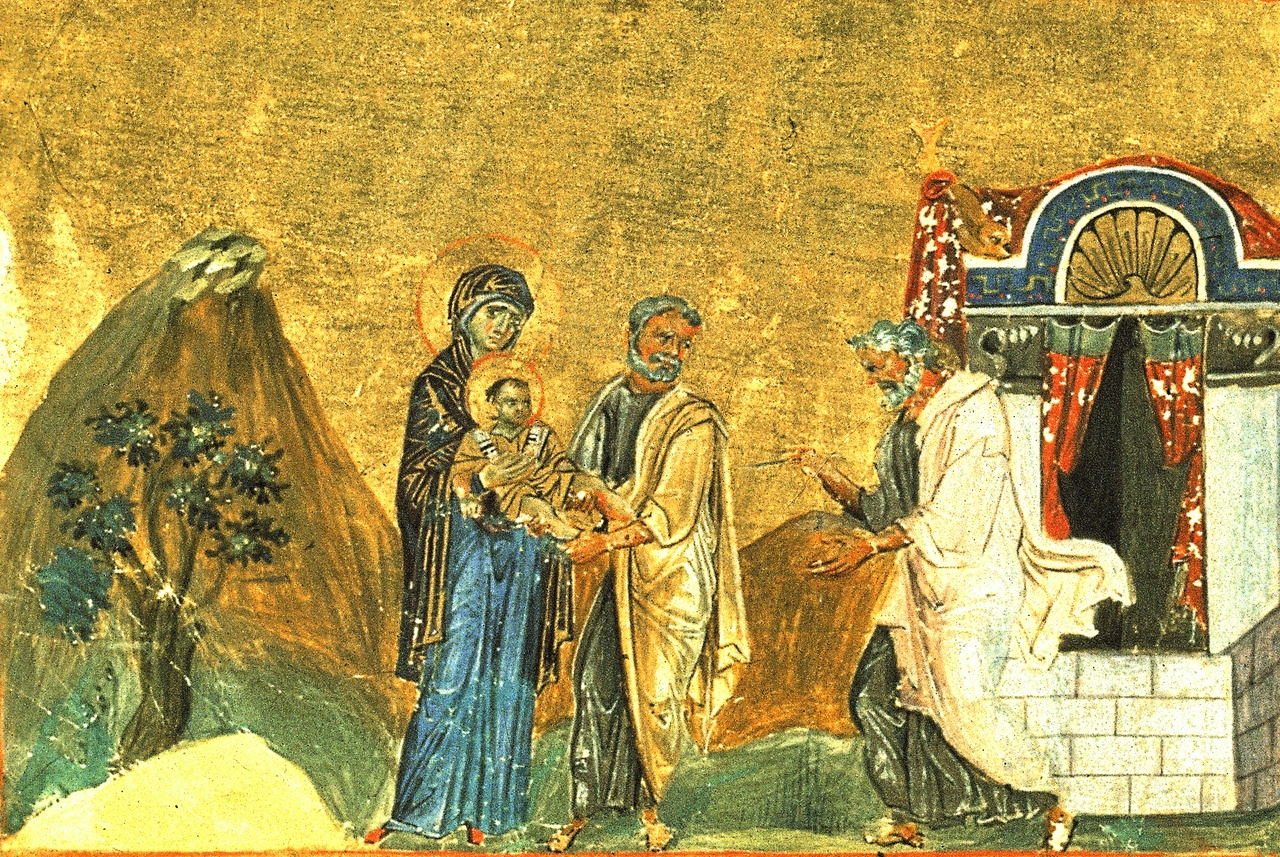 Medieval art depicting the circumcision of Jesus, with faded figures standing before a golden sky with mountains and a structure of some kind