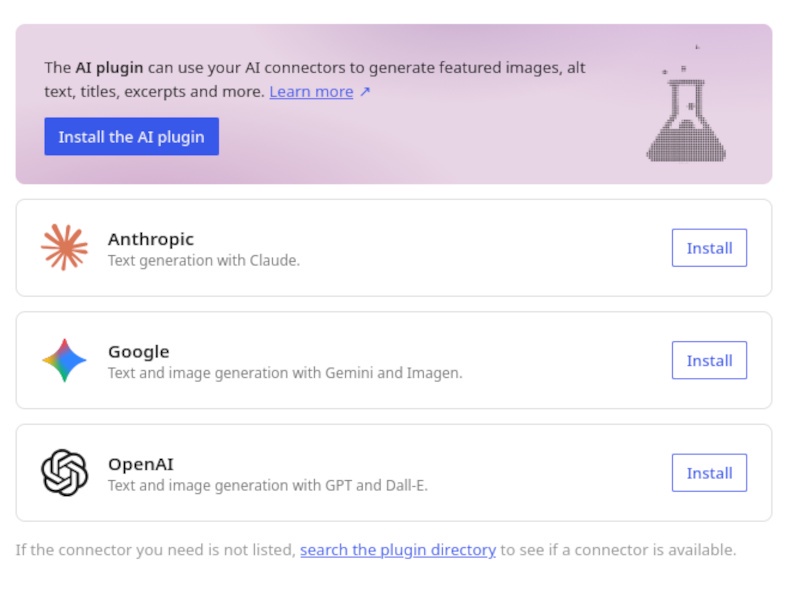 WordPress AI Connectors screen.