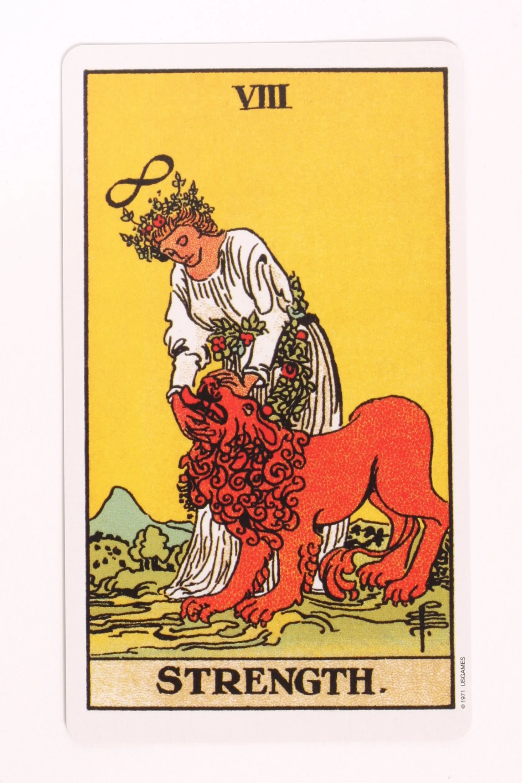 the traditional Rider-Waite-Smith illustration for card 8, Strength