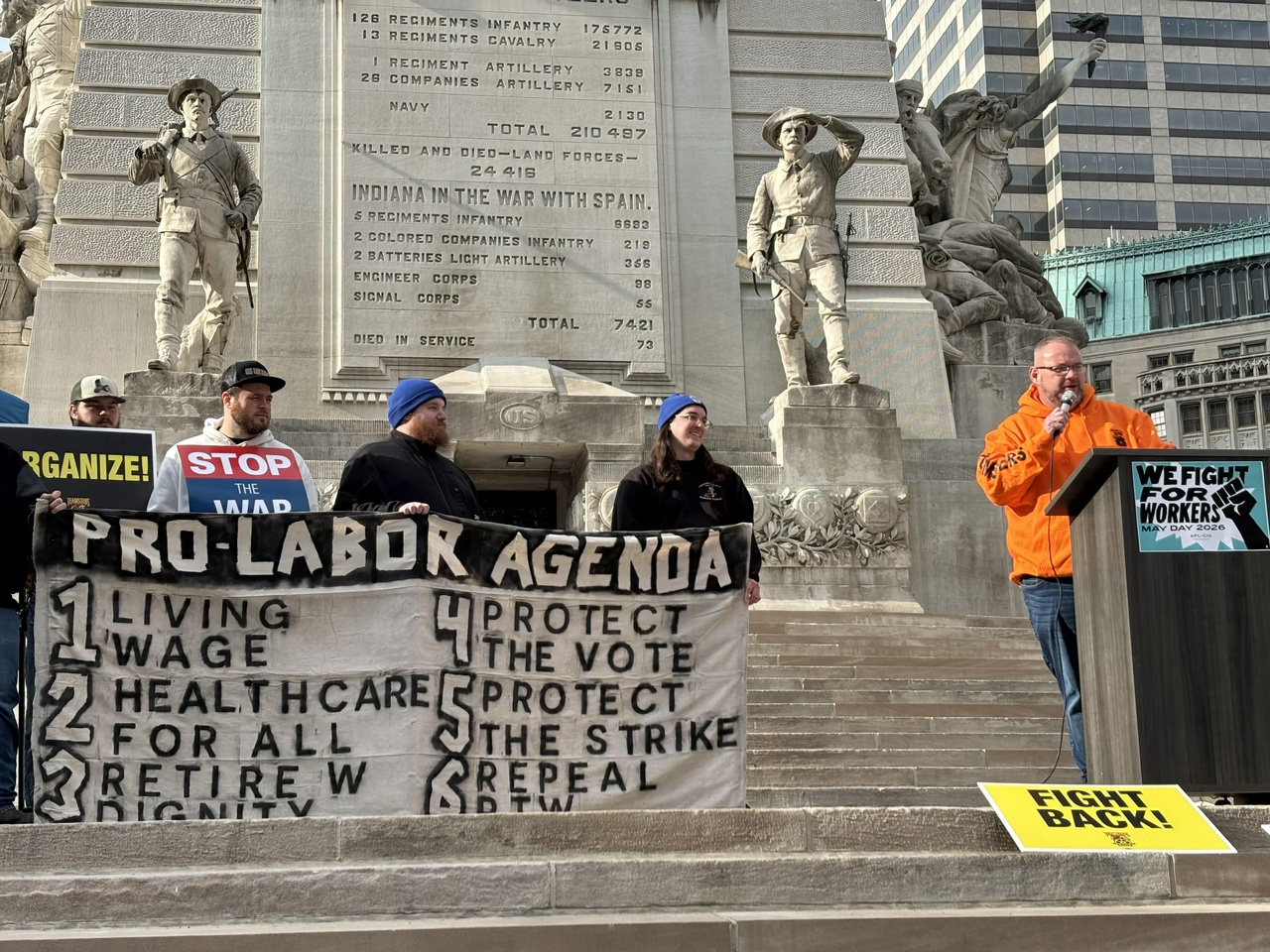 Dustin Roach, president of Teamsters Local 135, delivering a militant speech to  the May Day rally in downtown Indianapolis.