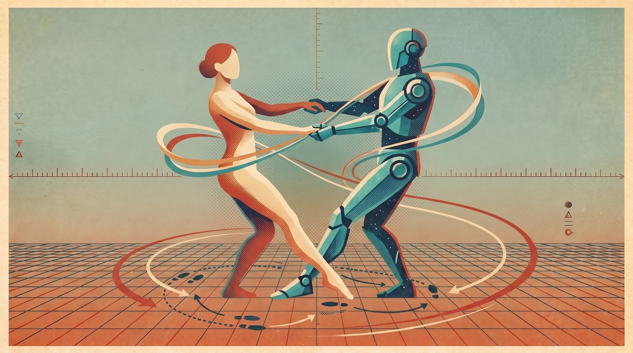 A retro futuristic robot and human dancing together