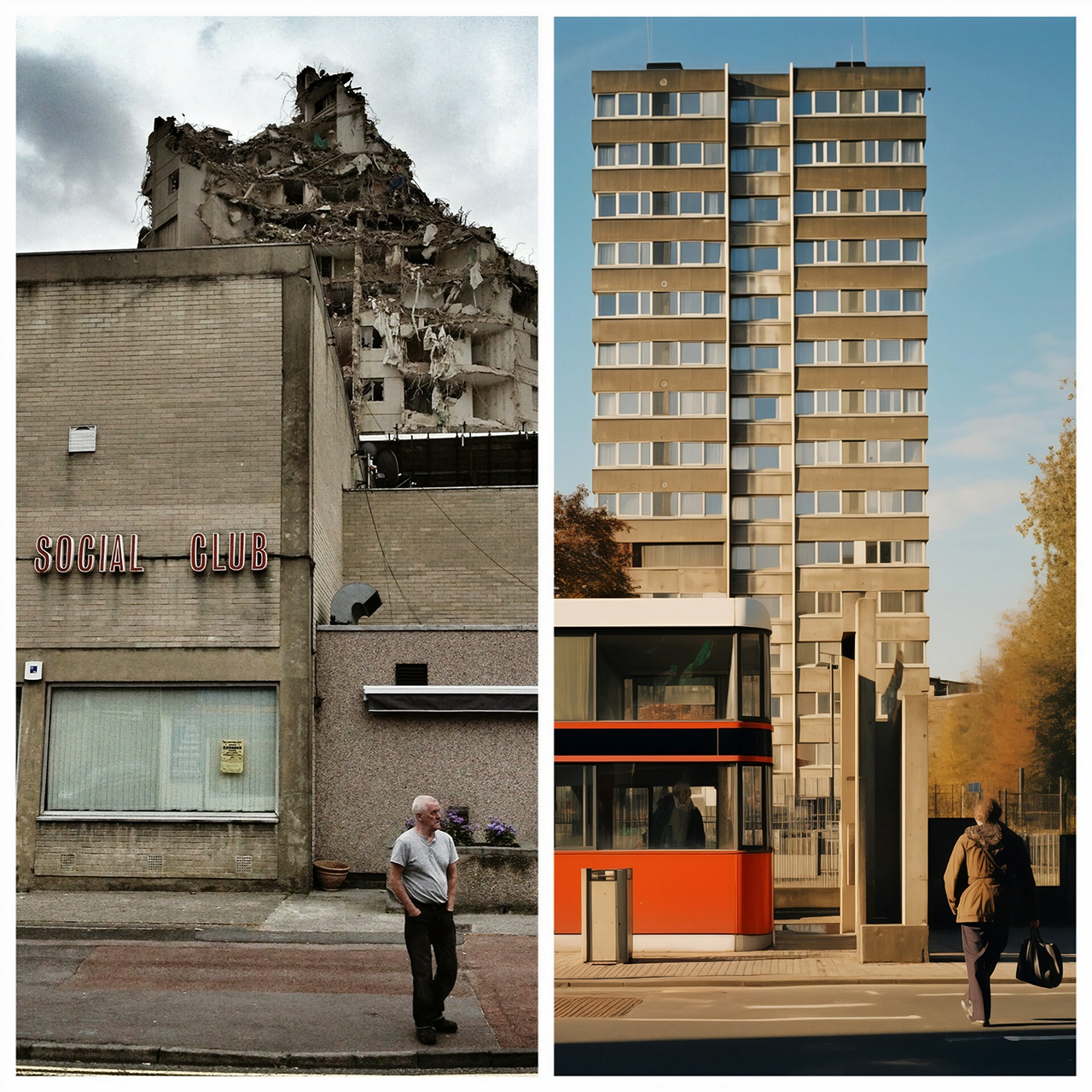 A crumbling social club is juxtaposed against an AI generated club