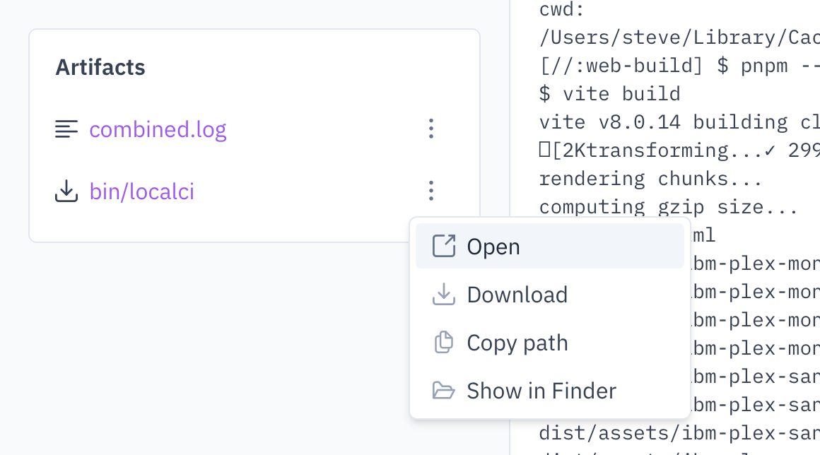 A right-click menu showing options for a build artifact: show in finder, download, copy path, open in browser