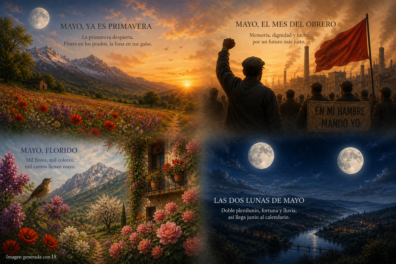 Composición en cuatro escenas de mayo: primavera, obreros, flores y dos lunas