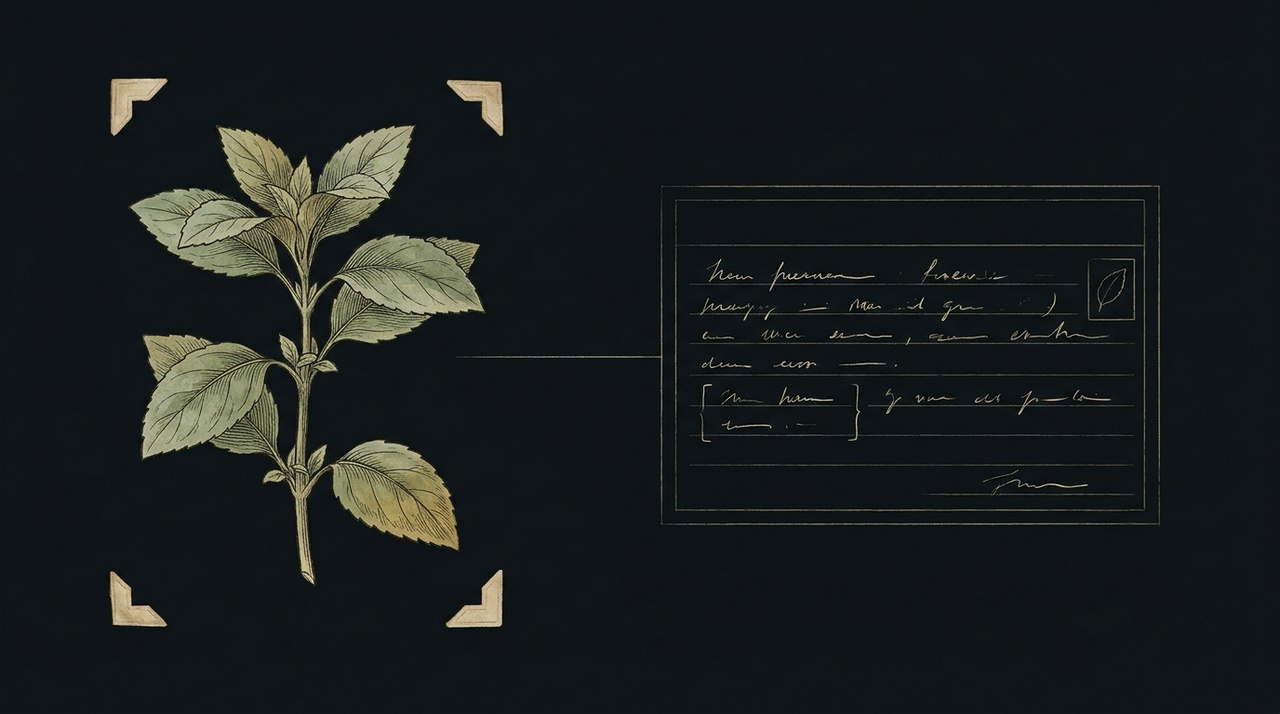 A botanical-plate illustration on a near-black ground: a plant specimen mounted beside a ruled record card, joined by a single line - one specimen, one structured record
