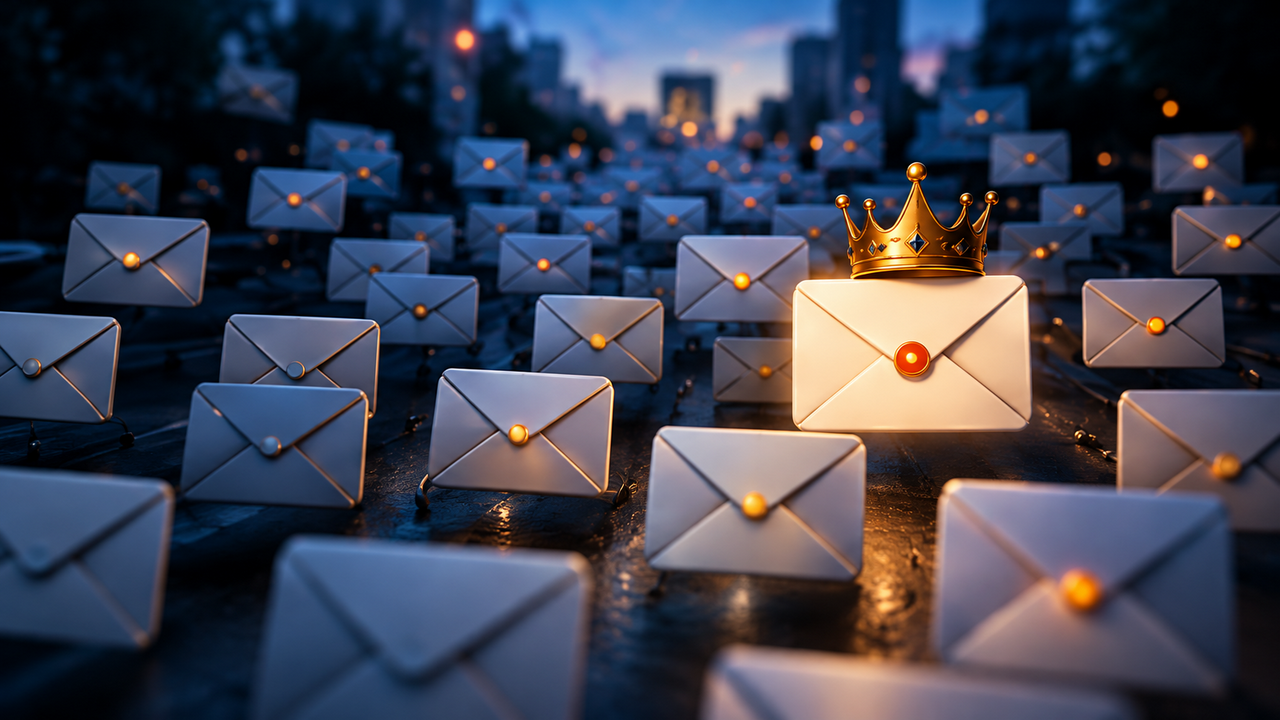 A stylized, cinematic scene shows dozens of pale blue-gray envelopes floating or standing at different depths across a dark, wet-looking surface, with many more receding toward a blurred city skyline at dusk. Each envelope is sealed with a small glowing orange-gold button. Near the center-right, one much larger, brightly illuminated cream-colored envelope stands out, topped by an ornate gold crown decorated with blue and orange jewels, suggesting it is the most important message. Warm amber lights and reflections contrast with the cool navy-blue surroundings; the distant buildings and scattered glowing points are out of focus. No people or readable text are visible.