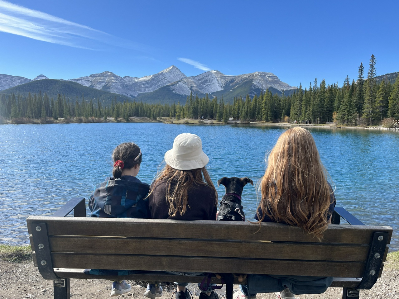 My girls and pup looking out over Forgetmenot Pond in Kananaskis