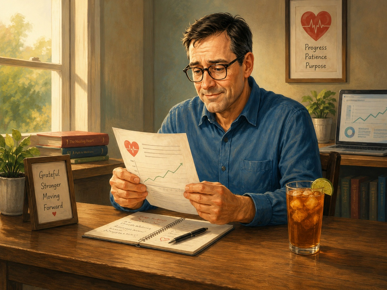 A middle-aged man with dark hair and glasses sits at a wooden desk in a warmly lit room, looking thoughtfully at a paper he holds with both hands. The paper features a red heart with a white heartbeat line and a green upward trending graph. He wears a blue button-up shirt. On the desk in front of him is an open notebook with handwritten notes and a black pen resting on it. To his right is a tall glass of iced tea with a lime wedge on the rim. To his left, a small potted plant and a framed sign read "Grateful Stronger Moving Forward" with a small red heart at the bottom. Behind him on the wall is a framed picture of a red heart with a heartbeat line and the words "Progress Patience Purpose." A laptop on a side table displays a similar graph. Books titled "The Healing Heart" and "A Path to Wellness" are stacked near the window, through which sunlight filters, casting a warm glow. The overall atmosphere is calm and reflective.