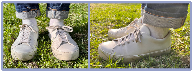 Two pictures of my girlfriend's white sneakers. She's sanding in grass, with blue jeans, but you can only see her from the shin down.