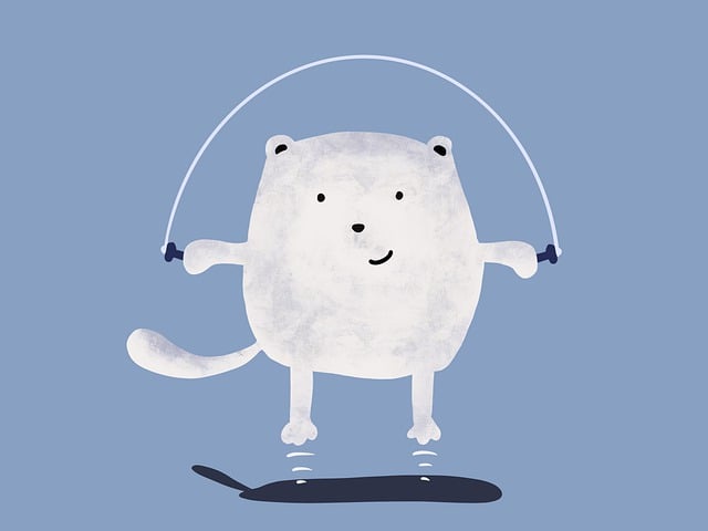 A fluffy, white cartoon cat jumps rope on a blue background.