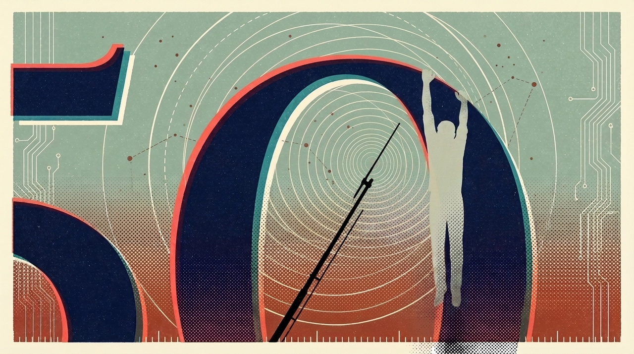 abstract image of a man dangling from the number 50
