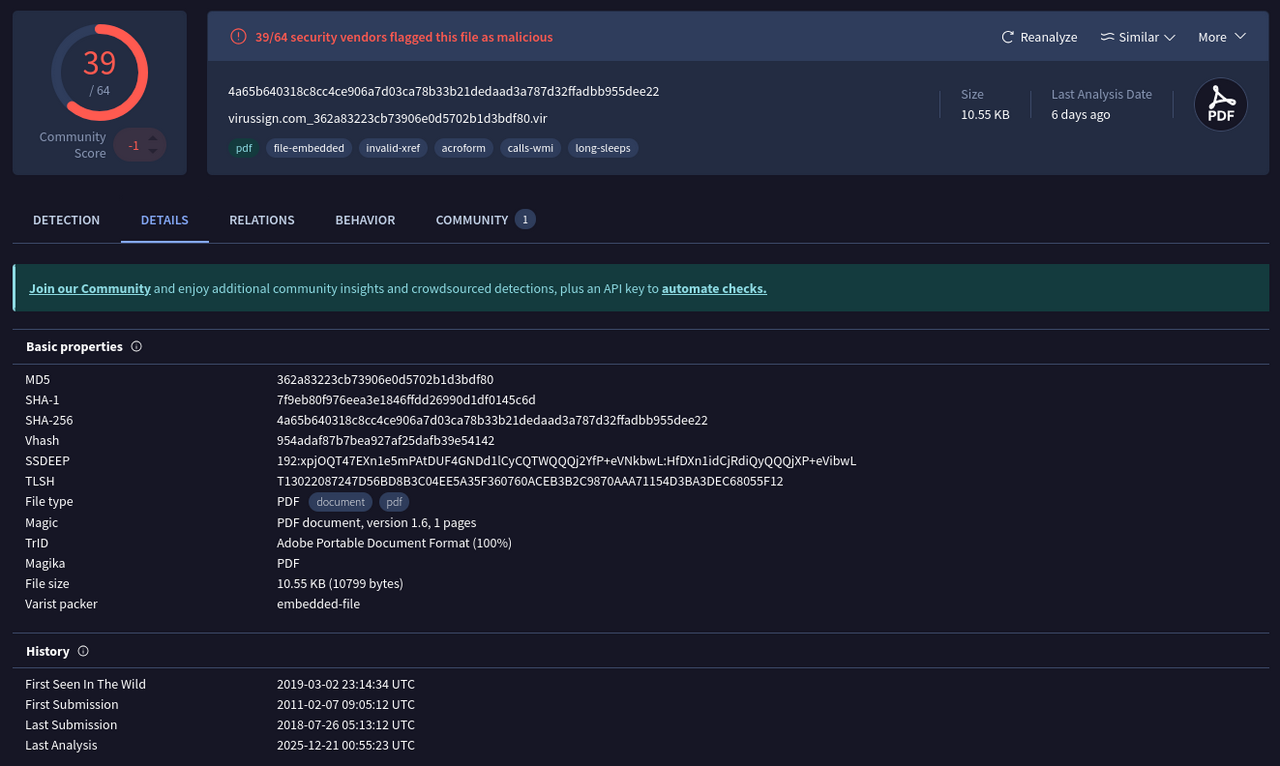 VirusTotal - File - 4a65b640318c8cc4ce906a7d03ca78b33b21dedaad3a787d32ffadbb955dee22