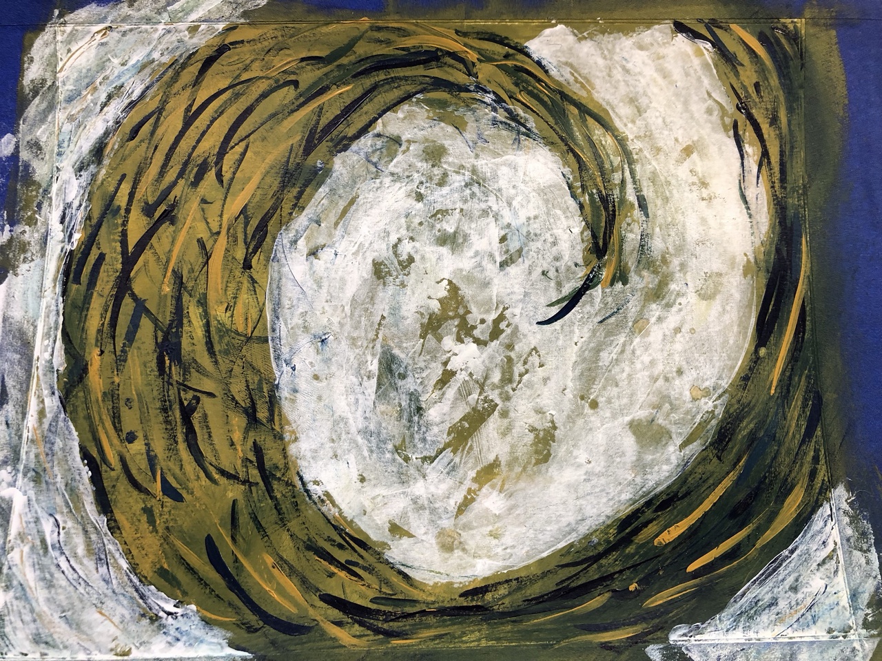 streaks of ochre and blue and green swirl around, looking like the end of a curl of hair, maybe, or a strange looking wave. No definitive direction to the painting, yet, but there is a feeling of movement and of grittiness to it. 