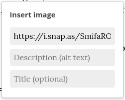 A screenshot of the Insert Image modal, showing fields for the image URL, alt text, and optional title.