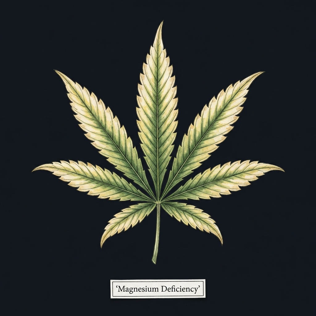 Magnesium deficiency - interveinal yellowing on lower cannabis leaves, botanical illustration