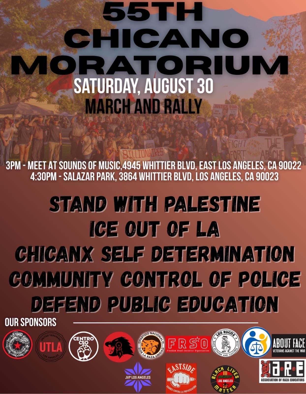 A flyer for the Chicano Moratorium event in Los Angeles for August 30th, starting at 3pm at Sounds of Music on Whittier Blvd