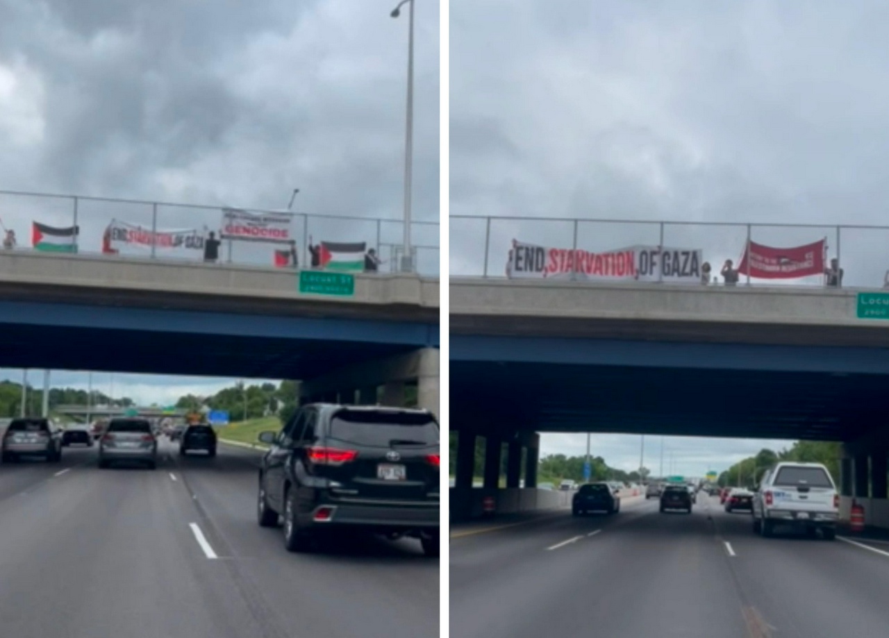 Milwaukee banner drop demands end to genocide in Gaza.