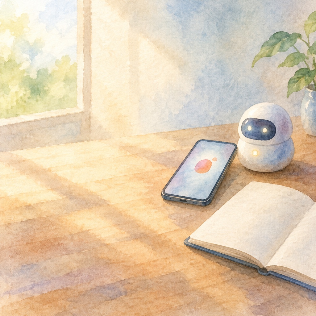 A soft watercolor illustration of a sunlit wooden desk beside a large window, with leafy green trees visible outside. Warm golden light and long window shadows fall across the tabletop. A small rounded white robot sits near the back right; its dark oval face has two glowing eyes, and a yellow light glows on its chest. A smartphone lies tilted screen-up in front of it, displaying a simple coral-colored planet-like shape and a small dot. An open, blank book rests in the foreground at right, and green plant leaves enter from the upper-right corner. No readable text or people are visible.