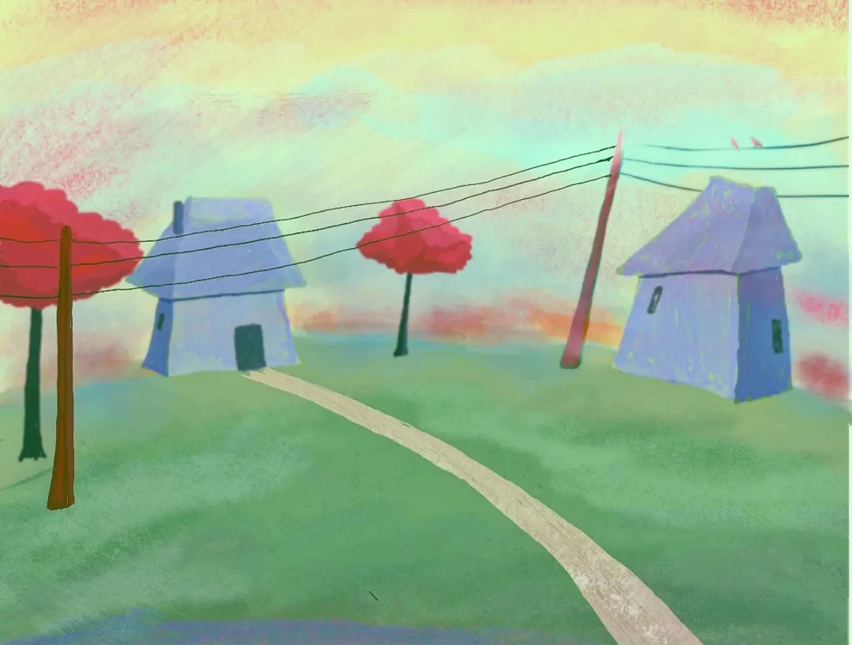 Two houses and red trees.