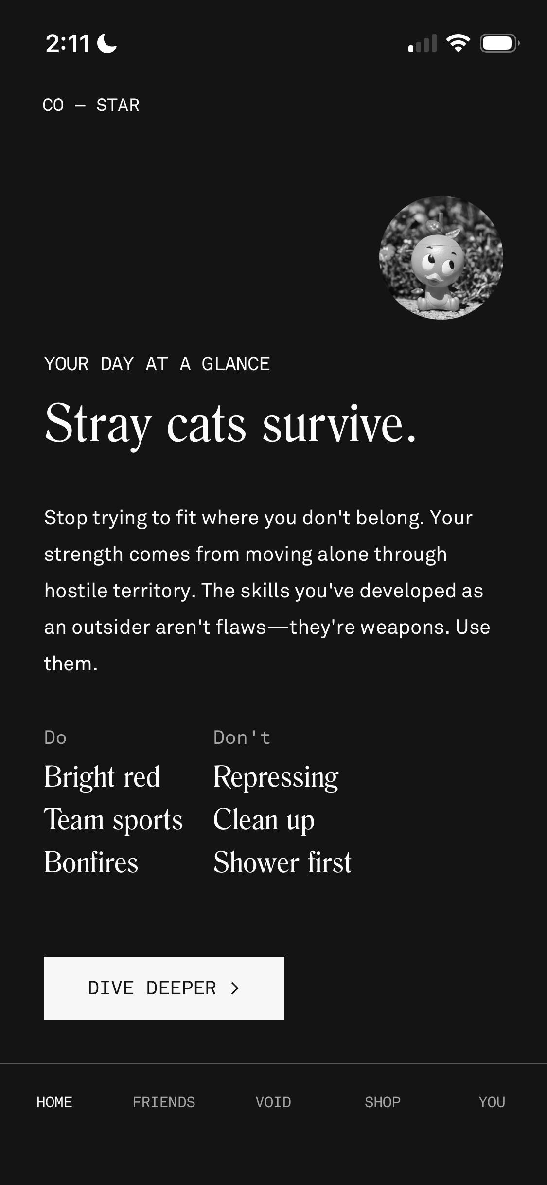 Co-Star app: STRAY CATS SURVIVE. Stop trying to fit where you don't belong. Your strength comes from moving alone through hostile territory. The skills you've developed as an outsider aren't flaws--they're weapons. Use them.