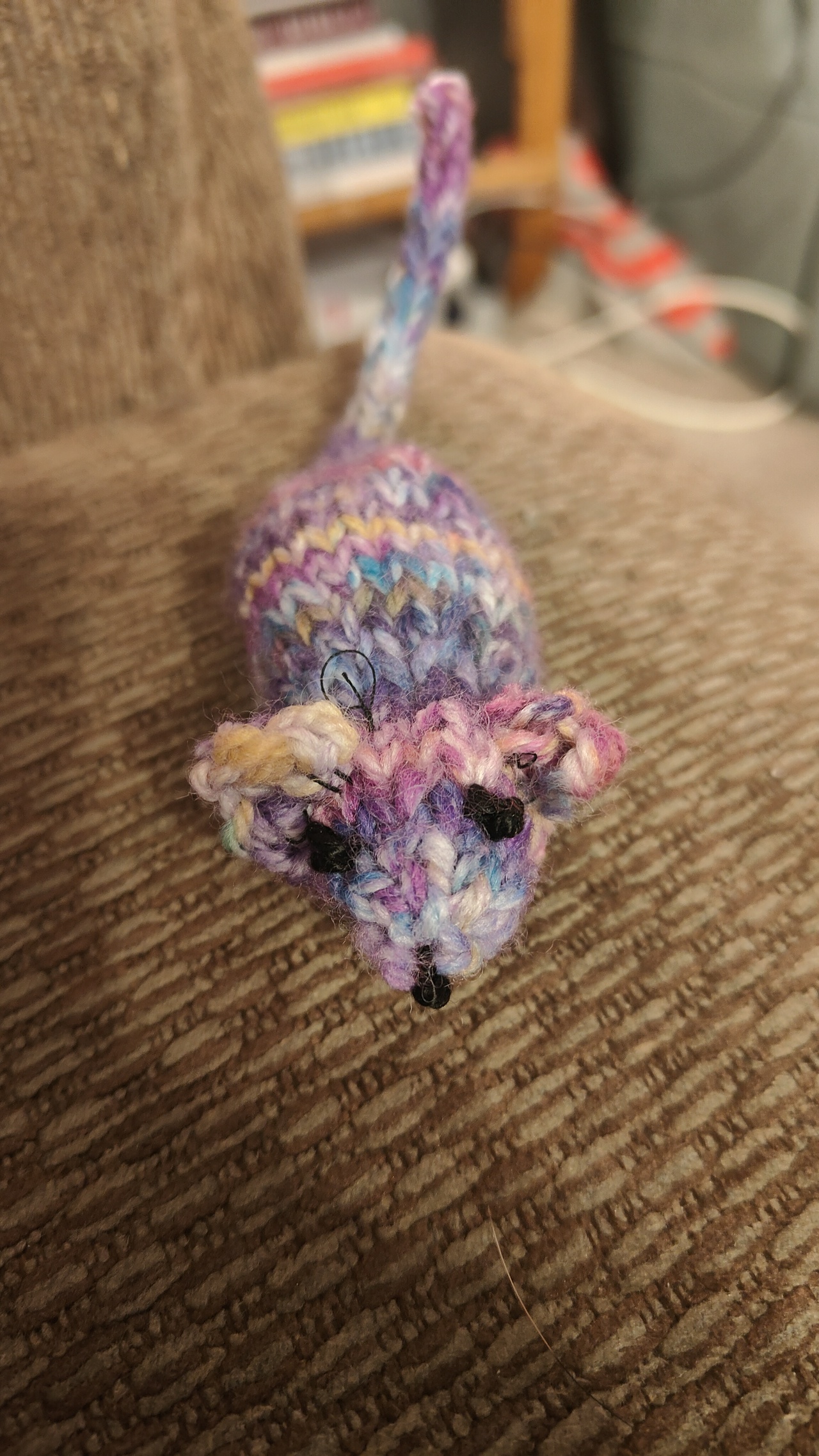 A rainbow knitted mouse