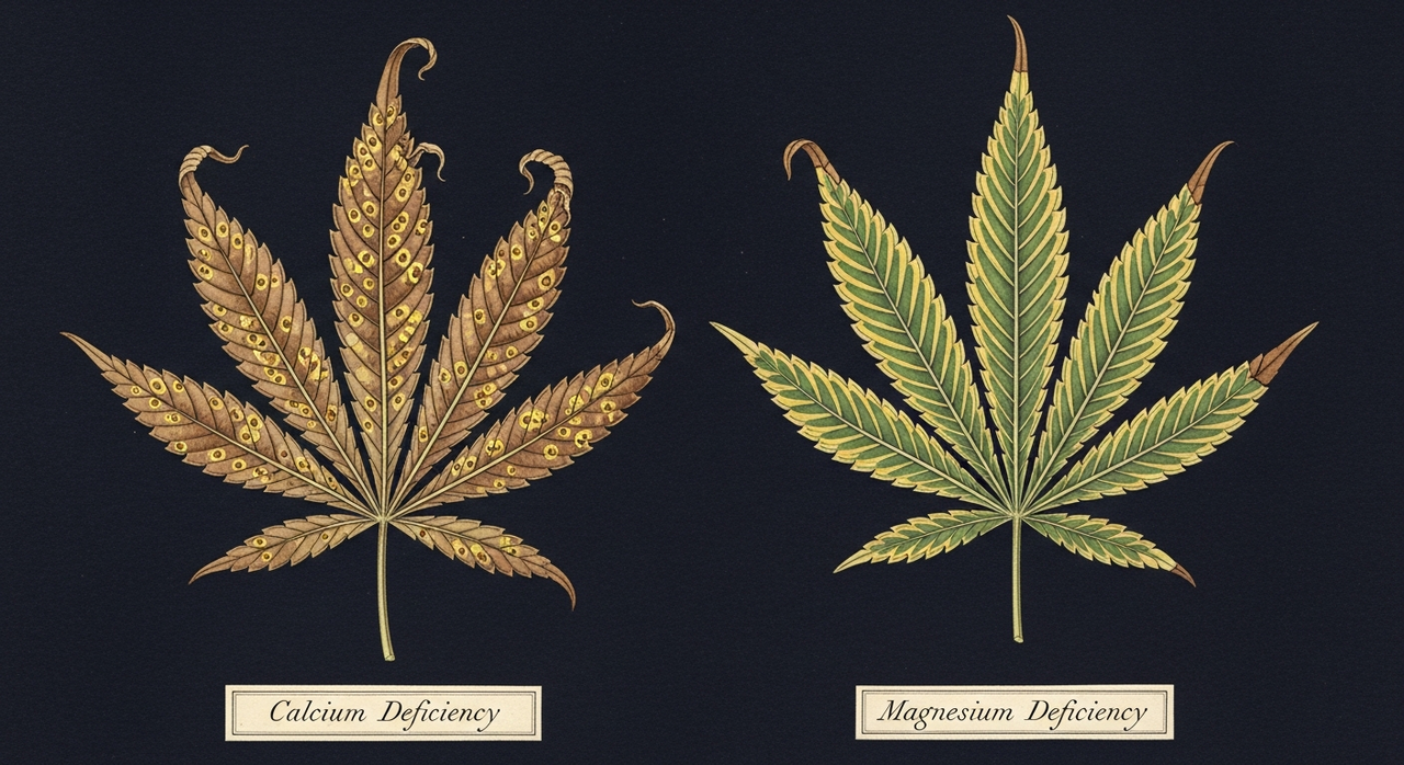 Calcium vs magnesium deficiency in cannabis - two leaves showing distinct symptom patterns