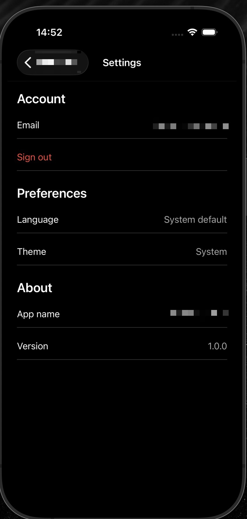 Settings screen, which shows account information like email and preferences like language and theme. Also the app name and version.