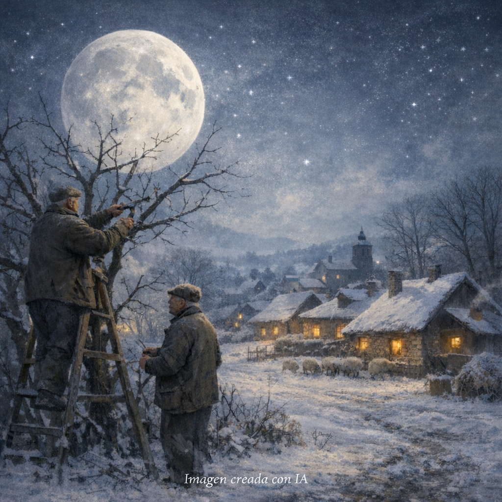 Noche de invierno en un pueblo nevado; dos hombres mayores podan un árbol, casas con luz cálida al fondo.